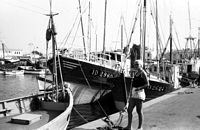 Années 1970, vue du port de Port Joinville, Thérèse Laude-Laruelle au premier plan
